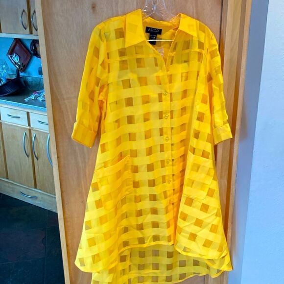 Ashro Duster Blouse sheer contrast gridded pockets button down Top Yellow size M - Picture 1 of 12